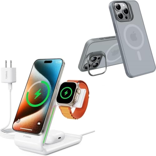 TORRAS Lstand iPhone 15 Pro Max Case Titanium & 3 in 1 Charging Station with MagSafe Charger Stand