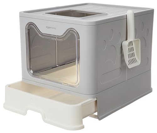 Image of Amazon Basics Foldable Covered Cat Litter Box with Anti-Spill Tray|Top and Side Openings with Amazon Basics Scoopable Smart White Bentonite Scented Cat Litter|10 Kg|Organic|Lavender Fragrance