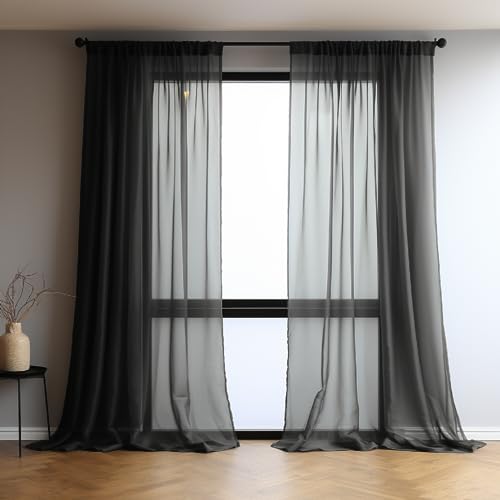 NAKIHOUSE Voile Curtain, 84 Drop Net Curtains Light Filtering Window Treatment Sheer & Drapes Slot Top Black Sheer Curtains for Bedroom/Nursery Room 52" x 84", 2 Panels