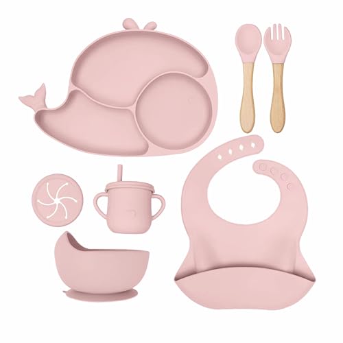 Image of Kids Station Whale Design 8-Piece Silicone Feeding Set for Babies | BPA-Free, Suction Bowl, Plate, Spoon, Fork, Bib, Cup & Straw - Dishwasher Safe | Ideal for Infants & Toddlers (Pack of 8, Pink)