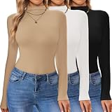 Ekouaer 3 Pack Turtleneck Shirt Women Long Sleeve Mock Neck Thermal Base Layer Slim Fit Soft Stretch Undershirts Tops White/Khaki/Black M