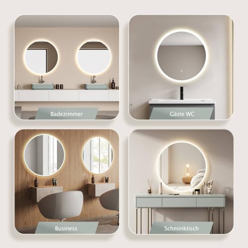 HOKO LED-Badspiegel rund 60 cm, mit Touch-Schalter & Farbwechsel, IP44 – Ansicht 5