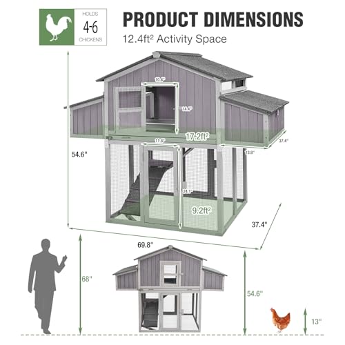 Image of Large Chicken Coop with Unique Folding Design for 4-6 Chickens - Elevated Outdoor Chicken House Backyard Duck Cage with 2 Nesting Boxes, Easy Clean Pull-Out Tray, Asphalt Roof (Grey)