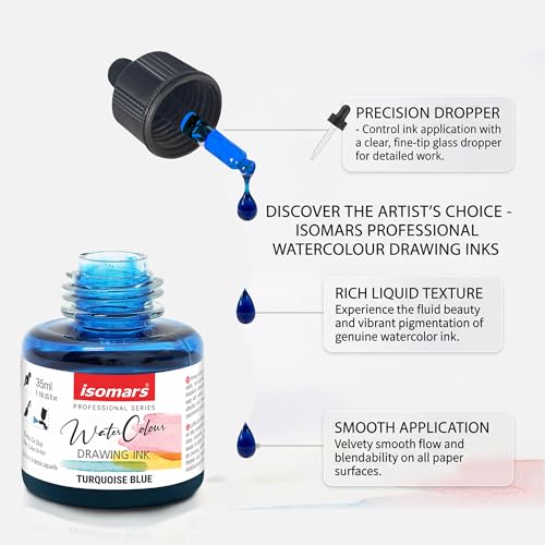 Image of Isomars Water Colour Ink Set of 12 Vibrant Professional Liquid Watercolors (35ml Bottles) with Droppers - Transparent Inks for Calligraphy, Illustration, Airbrushing & Painting