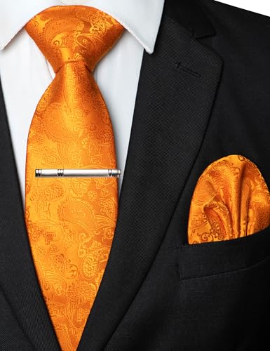 Image of JEMYGINS Mens Solid Color Paisley Necktie and Pocket Square with Tie Clip Sets