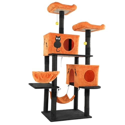 61" Halloween Cat Tree for Large Cats, Spooky Themed Cat Tower with 2 Condos, 2 Padded Perches, 2 Cozy Hammocks & Scratching Posts, Multi-Level Playhouse with Hanging Toy, Black & Orange