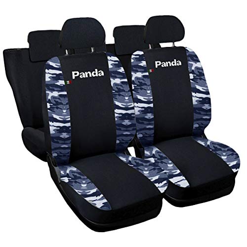 Lupex Shop Copri-sedili Auto Compatibili Panda Seconda Serie (MOD.169) Versione 60e40 | Nero Mimetico Blu | Set Copri-Sedile Anteriori e Posteriori | Logo Ricamato | Airbag Compatibile | Accessori