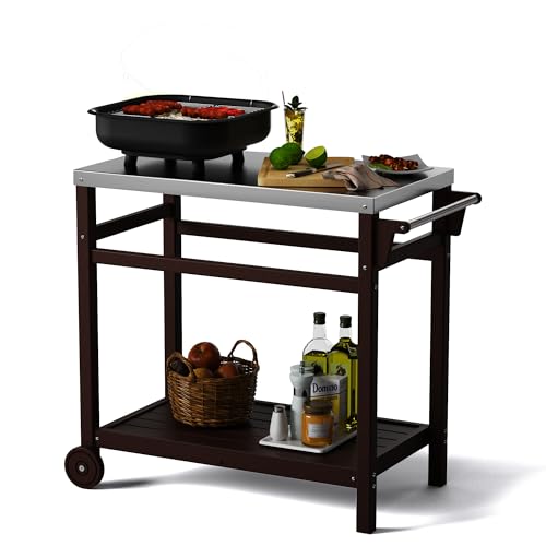 TORVA Outdoor Prep Grill Carts, 303 Stainless Steel Tabletop with High Load Capacity Portable BBQ Table, HDPE Durable Frame 2-Tier Storage Cart, Brown