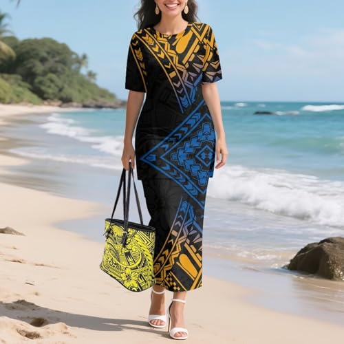 Image of Puletasi Samoan Traditional 2 Piece Outfits for Women Short Sleeve Crop Top and Maxi Skirt Sets Puletasi Dress