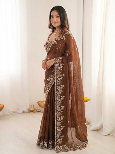 Image of ORHANS Women's Tissue Silk Ethnic Motifs Embroidered Tissue Heavy Work Saree with Embroidered With Unstitched Blouse Piece Blouse Piece | Beautiful Saree for Women | Traditional Indian Sari