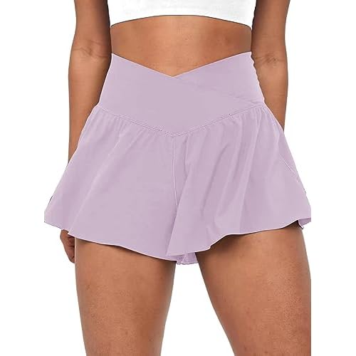 Crossover Flowy Shorts for Women 2 in 1 Athletic Butterfly Running Shorts Tennis Gym Workout Skort with Pocket XX-Large Purple
