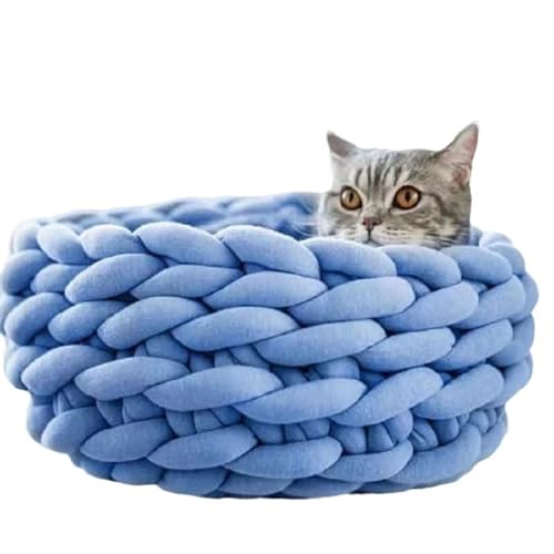 手編みニットペットベッド ペットハウス クッション 犬 猫 小型犬 洗える 可愛い 丸型 チャンキーニット 手編み ぐっすり眠る 滑り止め 通年 洗える キャット 小物入れ 寒さ対策 グレー 保温防寒 猫用 小型犬用 ペット用品 持ち便利 (35cm,ブル