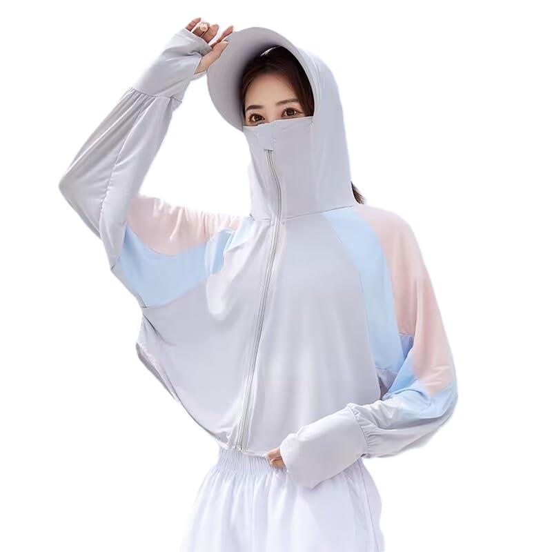 L Size Multicolor Grey Women's UV Protection Jacket, Lightweight Summer Sun Screen Hoodie with Visor, UPF 50+ Protection for Outdoors, Shirt Full Zipper Sun Protection Jacket- FIT 50-65 KG