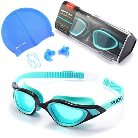 PUKCLAR Swimming Goggles Adults Men Attached Swimming Caps, Comfortable Swim Goggles No Leaking Anti-fog UV Protection for Women men Give Away Swimming Caps Storage Case Nose Clip and Earplugs Cover