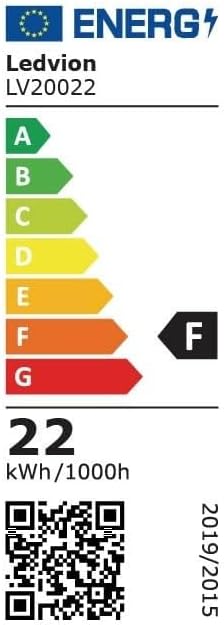 EU Energy Label for Ledvion LV20022, showing energy class F and 22 kWh/1000h consumption