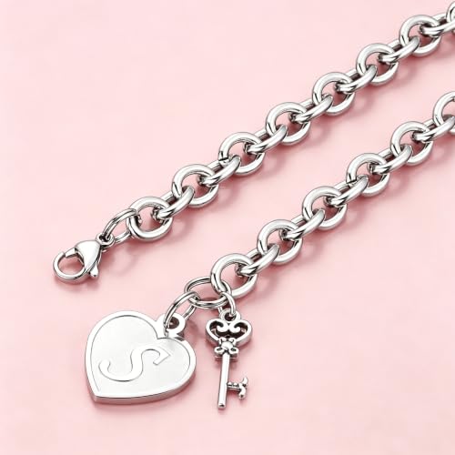 Image of M MOOHAM Heart Initial Bracelets for Girls Women - Engraved 26 Letters Initial Charms Bracelet Stainless Steel Bracelet Birthday Christmas Jewelry Gift for Women Teen Girls