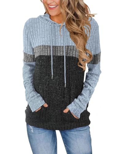Gemulate Ladies Trendy Winter Top Hoodies Lightweight Cardigans Long Sleeve Autumn Jumpers for Women UK Ribbed Winter Tops Fashion Hoodie & Sweatshirt Casual Loose Striped Tops Blue and Grey L
