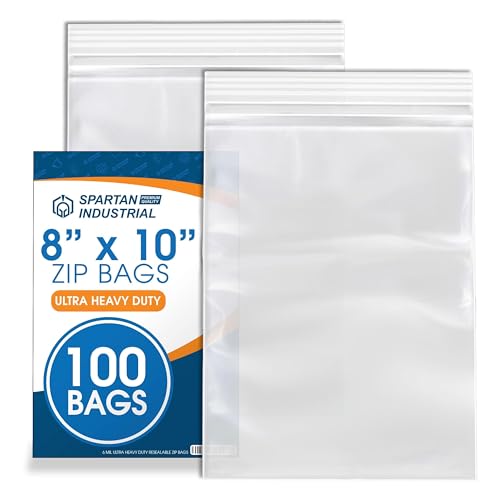 Spartan Industrial - 8" X 10" Plastic Zip Bags (6 Mil, 100 Count) - Extra Heavy-Duty Zip Bags for Tools, Clothing, Storage - Resealable Lock Seal Zipper