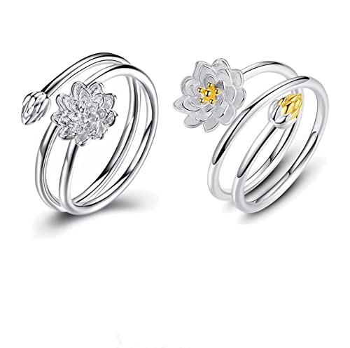 Ttiy Bague ouverte réglable en forme de fleur de lotus - Bague élégante pour femme - Décoration de fête - 2 pièces, Cuivre Cover