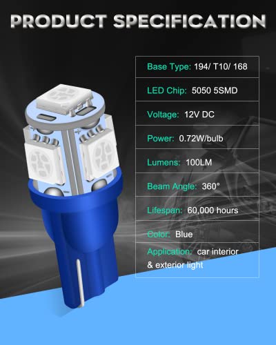 Qoope 20-Pack 194 Led Bulb Blue, Wedge T10 168 2825 W5W Replacement Bulbs 5050 5Smd For Car Interior Instrument Dome Map Door Courtesy License Plate Lights 12V Dc #TOP1
