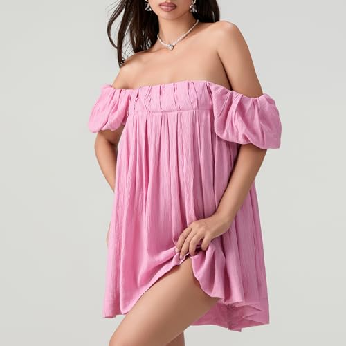 Image of Women Y2k Puff Sleeve Babydoll Dresses Square Neck Tie Back Mini Dress Summer Solid Off Shoulder Flowy Sundress