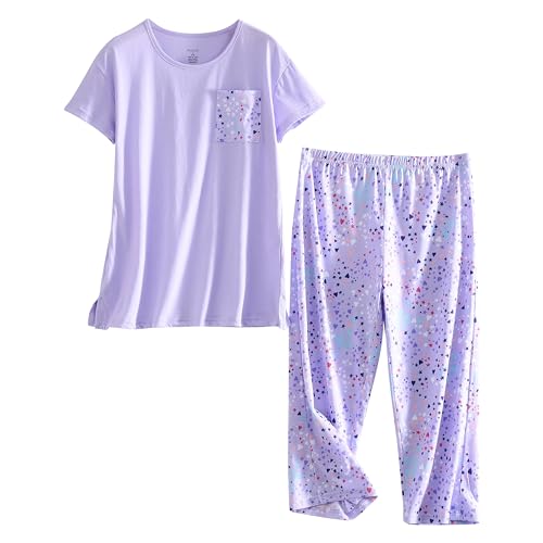 Image of PNAEONG Women Pajama Set Sleepwear Tops with Capri Pants Casual and Fun Prints Pajama Sets