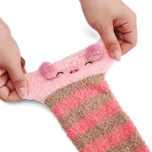 Image of Thigh High Fuzzy Socks Cute Animal Coral Fleece Over the Knee Thigh High Long Stockings Warm Stripe