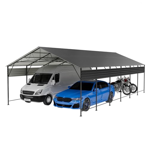 Image of Greesum 20x30FT Heavy Duty Metal Carport with Side Support Rods, Car Port with Vertical Steel Roof for All-Weather Use, Canopy Shelter for Car, Pickup Trucks, Party, Boats, Black