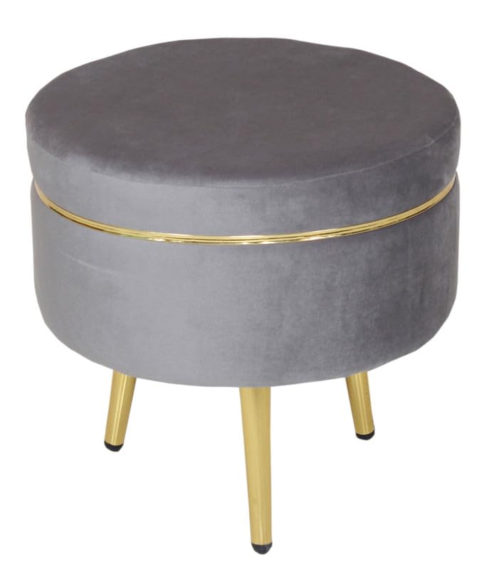 Image of Ottoman for Living Room, Velvet Round Foot Rest Stool, Metal Legs Chair for Sitting, Puffy for Bedroom & Makeup Room Decor | Chair (18 inchx18 inchx32 inch), Puffy (16 inchx16 inchx17 inch) | (Combo-Grey)