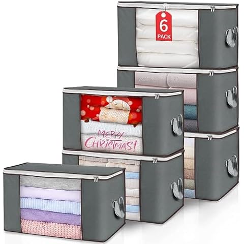 Budding Joy Clothes Storage, Foldable Large Storage Bags, Storage and Organization for Clothing, Blanket, Comforter, Clothes, Pillows, Toys, Closet Organizers with Enhanced Handle, 60L 6 Pack Gray Cover