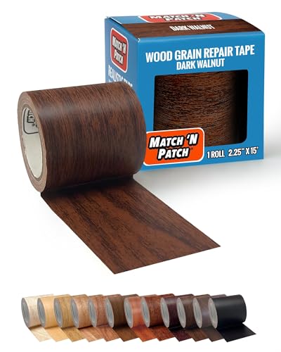 MATCH 'N PATCH Wood Grain Repair Tape - Dark Walnut, 2.25 in x 15 ft (1-Pack) – Wood Grain Colored Duct Tape for Mirror Frame, Trim, Borders, Floor and Other Furniture, Scratch Repair Kit