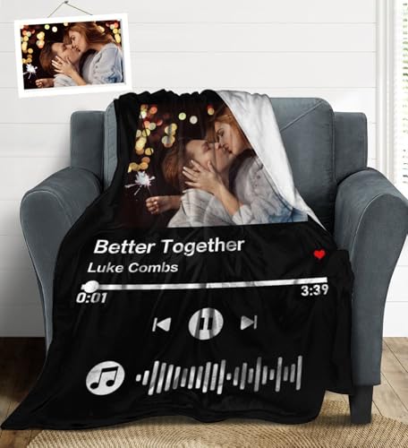 Personalized Spotify Code Music Song Blanket,Customized Blankets with Photos for Couples, Custom Flannel Blankets Using Photos of Family, Friends Or Pet, Christmas Valentines Gifts for Husband Wife