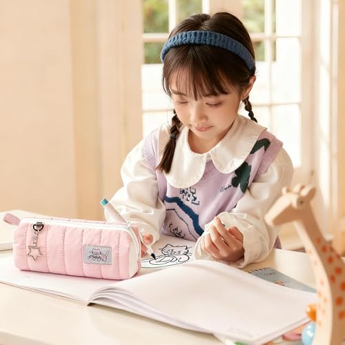 Image of Cute Pouch Cat Design Pink Zipper Case, Stationery Pouch for Girls, Portable Organizer Bag for School Supplies, Stylish Cosmetic Holder