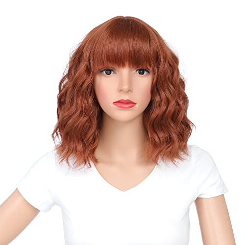 SWACC 12 Inch Short Curly Wavy Bob Wig with Bangs Synthetic Hair Wig for Women with Wig Cap (Dark Copper Red)