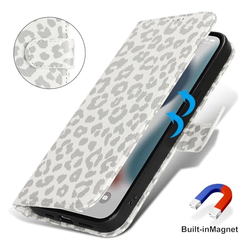 Image of for iPhone 13 Pro Case Wallet with Card Holder,for iPhone 13 Pro Wallet Case for Women Men,PU Leather Shockproof Magnetic Buckle Stand Flip Phone Case-White Leopard