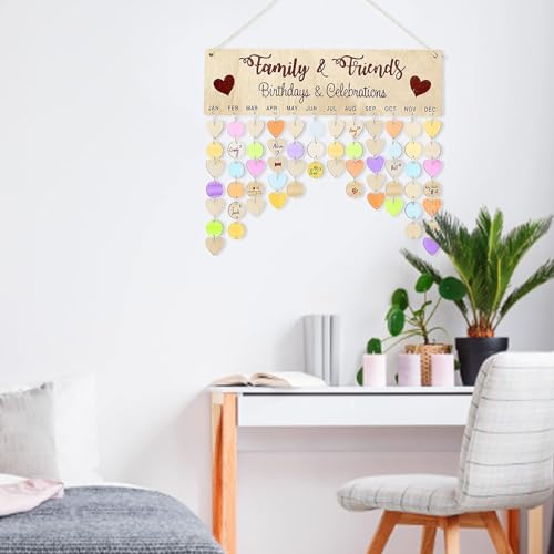 Family and Friends Calendar, DIY Wooden Birthday Calendar Wall Hanging Birthday and Celebrations Reminder Plaque with 50 Round Discs and 50 Heart Tags for Family Friends Birthday Reminder Home Wall Decor - Thumbnail 7