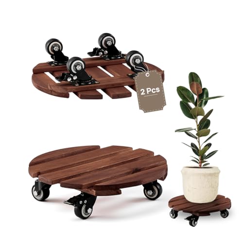THYOI 2 Pack 12" Acacia Wood Plant Caddy with Lockable 360° Caster Wheels, 300 LB Heavy Duty Rolling Stand for Indoor Outdoor Planter Pots, Wooden Dolly for Patio (Brown, Round)