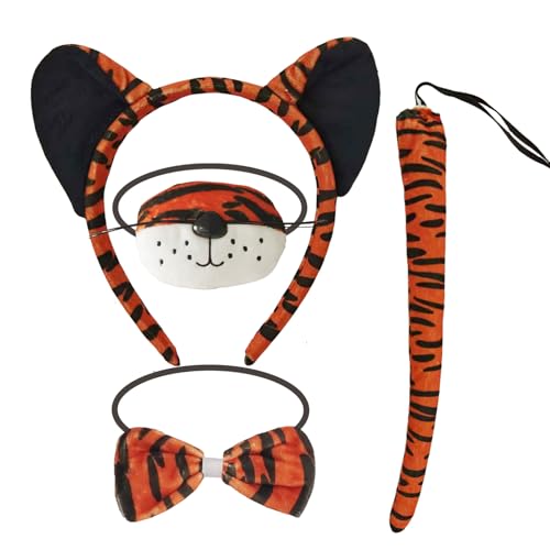 4-Piece Tiger Ears Tie and Tail Costume Accessory Set - Tiger Ears Headband, Bow Tie, Tail, and Nose Mask for Halloween, Dress-Up Parties, Cosplay, and Animal-Themed Party Supplies for Adults Kids