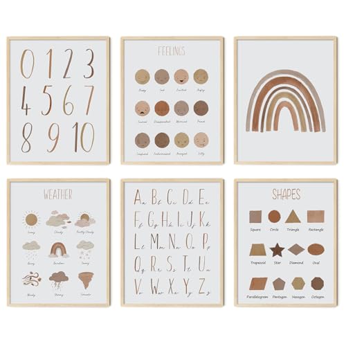 LIYAOLI Alphabet Poster for Toddlers Kids Wall Art Print Cute Numbers ABC Weather Set of 6 Unframed Wall Art Poster 8 x 10 inch,Playroom Decor Nursery Prints Boho Classroom Decor