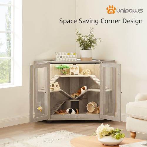unipaws Chinchillas Cage with Ramp, Rat Cage with House, Hedgehog Cage, Critter Nation Cage for Hamster, Squirrel, Clear Acrylic, Corner Small Animal Cage