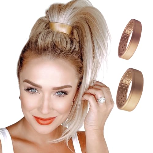 2-pc Designer PONY-O - 1 Narrow & 1 Wide Bendable Printed Hair Tie - No Damage Ponytail Holder (Gold Metalic, Medium)