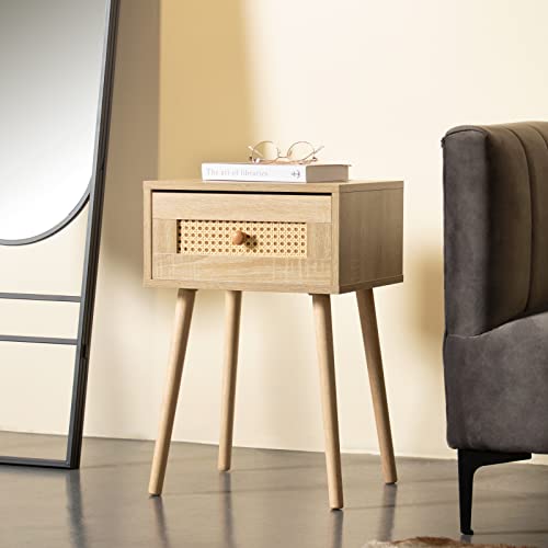 Kathy&Bob Nightstand With Rattan Drawer, Rattan Side Table, End Table With Storage And Solid Wood Legs For Bedroom Living Room Small Space, Easy Assembly (Rustic Natural) #TOP3