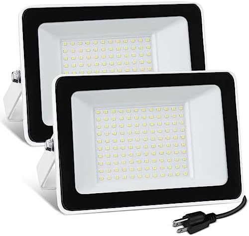 UFOND 10000Lumens LED Flood Lights Outdoor,100W Waterproof Work Light, Lighting Angle Adjustable Floodlights,Portable Light with Plug for Garage,Yard,Garden,Porch(2 Pack)