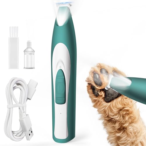 oneisall Pfotentrimmer für Hunde extra leise, Kabeloser Hundepfoten Trimmer mit LED-Licht, Wiederaufladbar Schermaschine Hund Hundeschermaschine für Pfoten, Augen, Ohren, Gesicht (Grün)