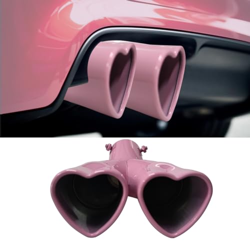 OtpOutopa Dual Exhaust Tip 2.5 inch Inlet, Universal Car Exhaust Pipe Modification Tail Throat Tail Pipe Stainless Steel Muffler Tip, Adjustable Heart Shaped Car Decoration (Curved,Pink)