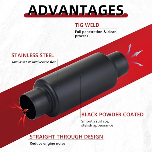 Image of LCGP 2.5 inch Inlet Universal Resonator Muffler, 2.5 inch Outlet 12 inch Overall Length Stainless Steel High Performance Muffler, Polished, Pass-Thru Design Black