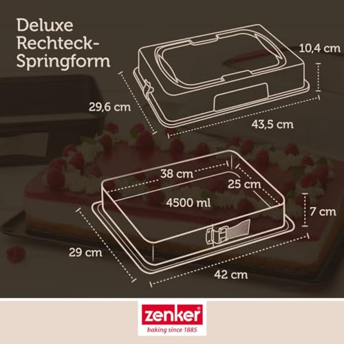 Zenker Rechteck-Springform mit Haube DELUXE, Kuchentransportbox mit Emaille-Boden, Backblech mit Deckel (Farbe: Schwarz/Transparent/Rot), Menge: 1 Stück