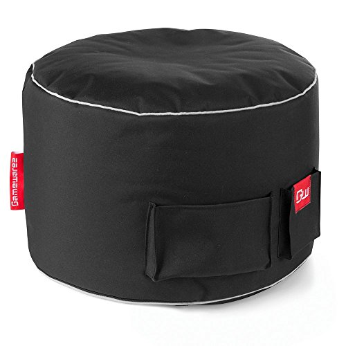 GAMEWAREZ Cosmic Station 2.0 Sitzhocker/Fußbank für Cosmic Lightning Gaming Sitzsack, Made in Germany. Schwarz mit grauem Keder und Taschen