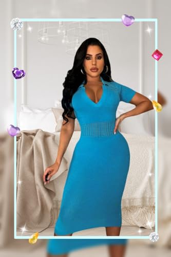 Image of Women's Fashion Sexy Elegant Comfortable Fit Vital V-Neck Knitted Short Sleeve Dress