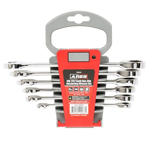ARES 35020 – 6-Piece 120-Tooth SAE Non-Slip Ratcheting Wrench Set – Combination Wrenches Feature 120-Tooth Ratcheting Mechanism for 3-Degree Swing Arc – Works on Rounded Fasteners Without Slipping
